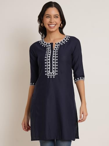 Image of Brownverse Pure Cotton Embroidered Women Short Kurti