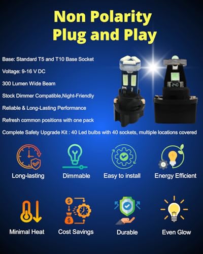 Image of WLJH Ice Blue T5 T10 LED Dashboard Bulb Kit with Sockets, Dimmable, 40-Pack | 4014 SMD, 300lm, Polarity-Free, Plug and Play, for Dash Gauge Cluster Lights, HVAC, 360 Lighting, Fits 74 2721 194 168