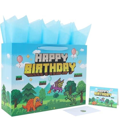 16.5 Extra Large Pixel Birthday Gift Bag Set with Handles Greeting Card Blue Tissue Papers and Stickers for Boys Kids Teens Men for Birthday Animation Party Boys Party Dinosaur Design 1 Pcs