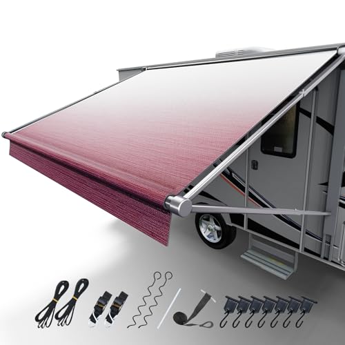 Fonzier RV Awning Fabric Replacement, 19.5oz Heavy Duty Vinyl, with Tie Down Kits & 7 Hooks & Pull Strap for Trailer Camper Awning- 16'(Fabric 15'2"), Burgundy Fade