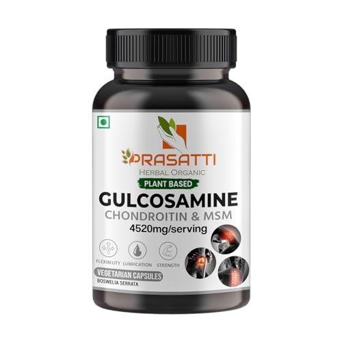 Prasatti Herbal Organic Glucosamine Chondroitin MSM with Boswellia, Cartilage & Joint Support Supplement, Glucosamine for Joint Relieves Pain and Stiffness - 90 Vegetarian Capsules