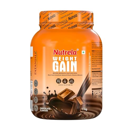 Image of Nutrela Weight Gainer Powder - 1kg, Chocolate Flavour with Free Shaker| 20g Protein, 66.8 Carbs, 13 Vitamins & 12 Minerals with Khandsari Sugar | Ideal for Athlete, Men, Women & Kids above 10 Year
