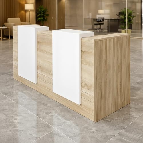 Image of Modern Reception Desk for Office, Hotel, Salon, Clinic, Spa Lobby | Wooden Front Reception Counter Table with White Panels for Workspace & Welcome Area - (RCT-022 LPB L6W2)