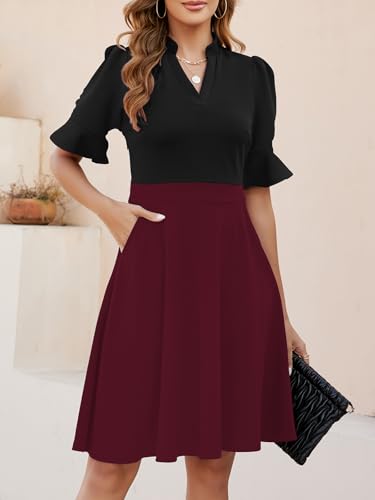 Image of Mokayee Womens Summer V Neck Ruffle Short Sleeve Fit and Flare Knee Length Church Wedding Guest Dresses with Pockets
