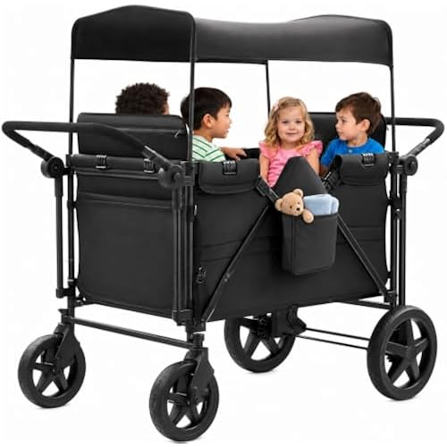 Stroller Wagon for 4 Kids, 4 Seater Wagon Stroller Featuring 4 High Seat with 5-Point Harnesses and Adjustable Canopy, Foldable Double Push Bar Wagon Stroller 4 Seater for Garden, Camping (Black)