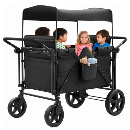 Stroller Wagon for 4 Kids, Wagon Cart Featuring 4 High Seat with 5-Point Harnesses and Adjustable Canopy, Foldable Double Push Bar Wagon Stroller for Garden, Stroller, Camping (Black)