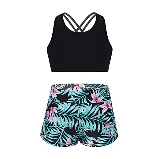 Doomiva Kinder Mädchen Bikini Set Tankini Set Bustier Oberteil und Shorts Hotpant Kinder Zweiteiliger Badeanzug Sport Bekleidungset Schwarz &Grün 158-164
