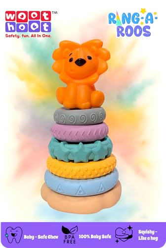 Image of Baby Sensory Toys - Ring Stacker with Animal Topper and 6 Soft Textured Rings for Teething, Stacking & Motor Skill Development, BPA-Free PVC, Multi-Colour, Gift for Babies 3-18 Months