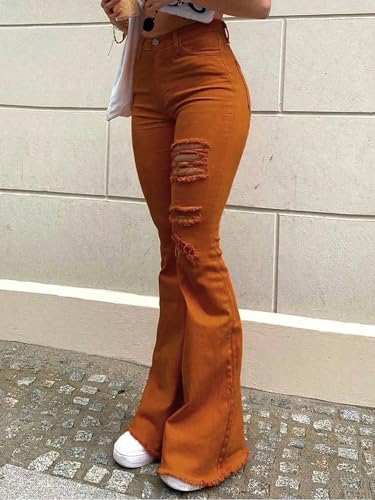 Women's Orange Stretch Ripped Flare Jeans High Waisted Distressed Bell Bottoms Trendy Y2K Frayed Hem Denim Pants2