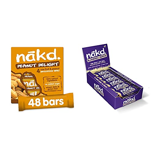Image of Nakd Peanut Delight 35g Bar - Multipack Case of 48 Bars & Blueberry Muffin Natural Fruit & Nut Bars - Vegan - Gluten Free - Healthy Snack, 35 g (Pack of 18)