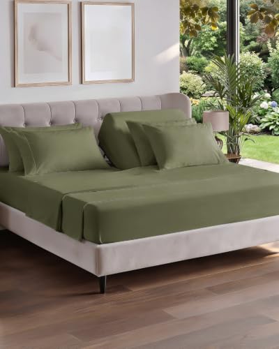 Image of Flex Top Split Head King 6 Piece Piece Sheet Set - Comfy Breathable & Cooling - Soft Hotel Luxury Bedding Set with 8-16 Inch Deep Pockets - 1 Flat & 1 Fitted Sheet & Pillowcases - Sage Green
