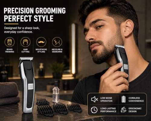 Image of HTC AT-538 Professional Rechargeable Hair Clipper Trimmer | Cordless Design, T-Blade Precision, For Men, Black & Silver