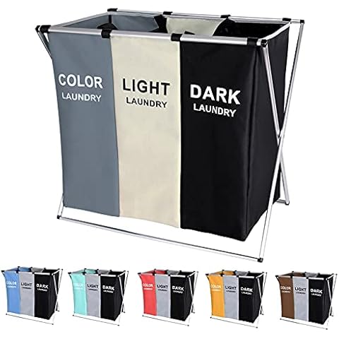 135L Laundry Cloth Hamper Sorter Basket Bag Bin Foldable 3 Sections with Aluminum Frame 24'' × 14'' x 23'' Washing Storage Dirty Clothes Bag for Bathroom Bedroom Home (White+Grey+Black) Cover