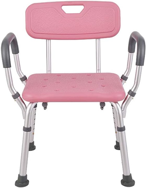 Heavy Duty Shower Stool Seat with Back Armrest Bathroom Shower Chair Ergonomic 38-50cm Adjustable Bath Chair Bath Stool Elderly Aid with Anti-Slip Rubber Feet - 150kg (Pink)