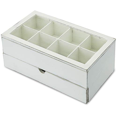 Mygift Vintage White Wood Tea Bag Storage Box With 8 Compartments, Clear Lid And Pull Out Drawer, Coffee And Tea Condiment Storage Chest #TOP6