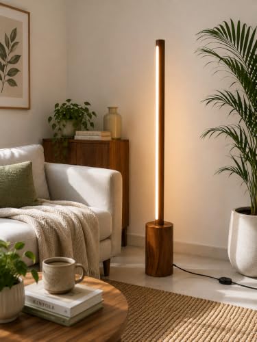 Image of Modern LED Floor Lamp with Wooden Base, 45 Inch Slim Ambient Standing Lamp, Warm Light Decorative Floor Light for Living Room, Bedroom, Corner