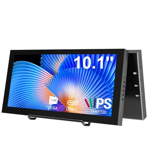 Image of Prechen 10.1 Inch Secondary Mini Monitor,IPS Stretched Bar LCD Travel Display 1540x720 USB-C HDMI Portable Secondary Display with Stand & Speaker, CNC Material for PC Laptop Rasp PI AIDA64, Speaker