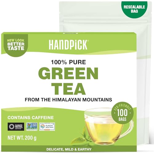 HANDPICK Green Tea Bags - 100 Tea Bags | Gluten Free & 100% Pure Green Tea | Round Green Teabags No Adhesive No Bleach No Strings | Brew Hot/Kombucha Tea or Cold Brew