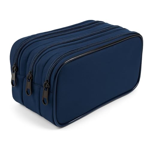 Estojo Escolar Triplo com 3 Compartimentos, Poliéster Resistente, Costura Reforçada, Grande Organizador para Lápis e Canetas (Azul Marinho)