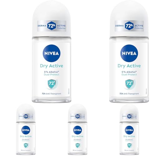 NIVEA Dry Active Deo Roll-On, Antitranspirant Roller mit 72h Schutz und antibakterieller Dual Protect Formel, pflegendes Deodorant mit frischem Duft (50 ml) (Packung mit 5)