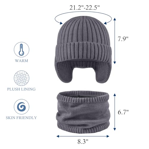 KIRAAT 3-10Y Kids Earflap Beanie and Scarf Set for Girls Boys,Winter Warm Knit Ski Hat with Fleece Lined2