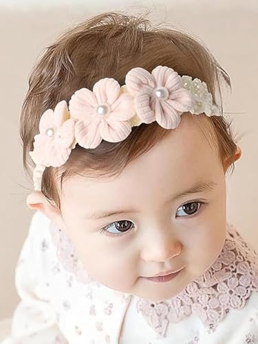 Handmade Baby Girl Headbands in Beige and Pink Lace Flowers for Newborns and Toddlers Cute Baby Girl Flowers and Newborn Headbands (Pink flowers, One Size)