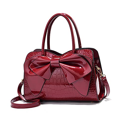 NICOLE & DORIS Sac à Main Femme Tendance en Cuir Verni - Chic Bandoulière Fille Mignon Messenger - Vin Rouge