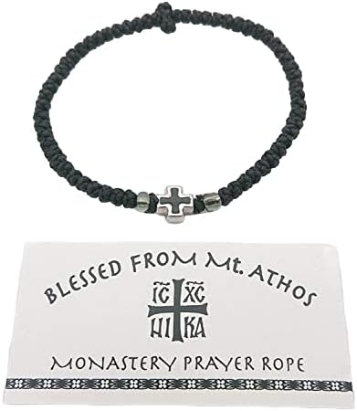 Blessed Greek Christian Orthodox Handmade Prayer Rope from Mt. Athos (Komboskoini Chotki) Thin Black with Black Metalic Cross
