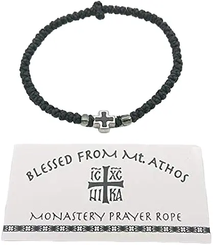 Thin black Mount Athos prayer rope bracelet with black metallic cross