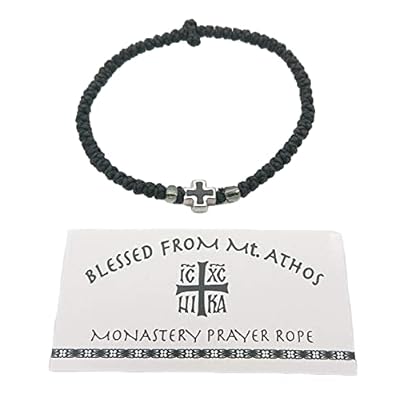 Blessed Greek Christian Orthodox Handmade Prayer Rope from Mt. Athos Komboskoini Chotki Thin Black with Black Metalic Cross