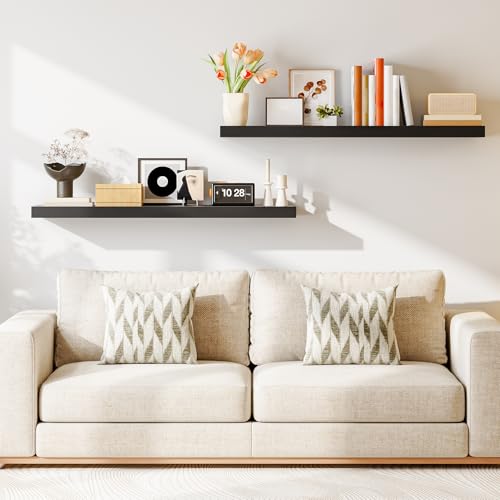 Image of HOOBRO Floating Shelves for Wall, Wall Mounted Shelf Set of 2, 47.2 inch Hanging Shelf with Invisible Brackets, for Wall Decor Storage in Bathroom Bedroom Kitchen Living Room Office, Black BK120BJP201