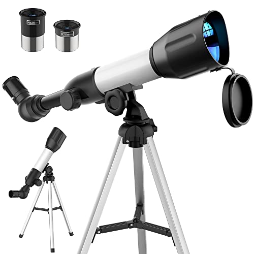 Upchase Telescopio Astronomico, 360 50mm Refractor Telescopio para Niños, Portatil con Trípode, con 2 oculares de Aumento y Lente de Aumento de 1.5X, para Niños y Principiantes