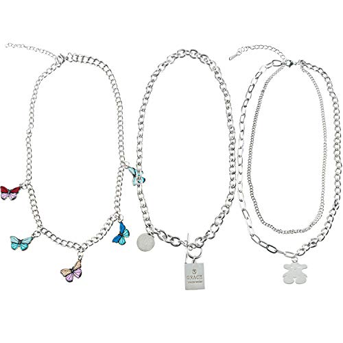 Deoot 3 PCS Pendant Necklace Cute Bear Butterfly Pendant Choker Titanium Steel Necklace for Women Girls