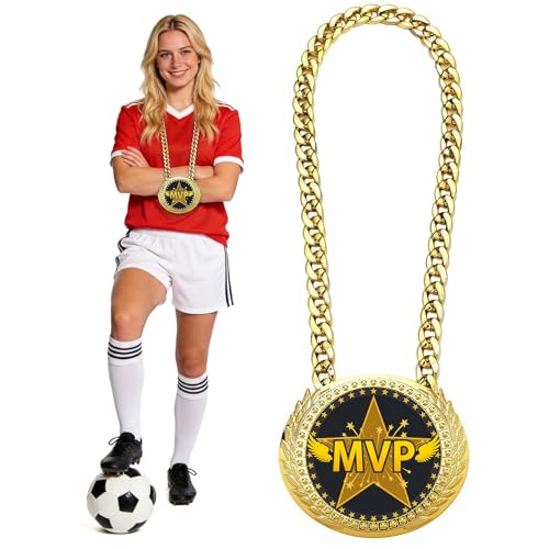 Opxuliix MVP Award Medals Turnover Chain - 6 Inch Big Gold Sports Achievement Champion Necklace for Most Valuable Player Championship Medal for Football Soccer Basketball Prize Gift Party Favors