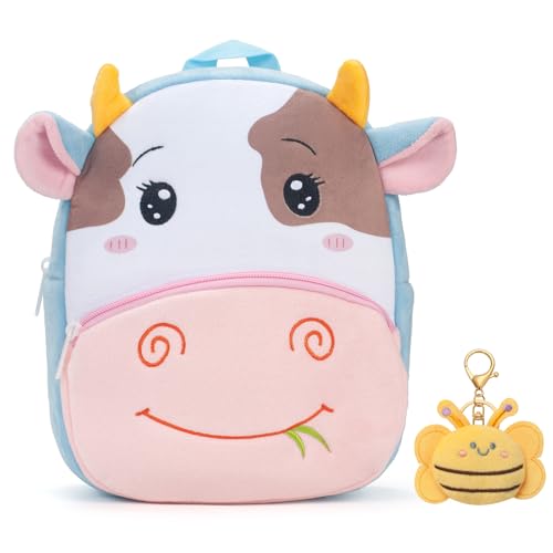 Toddler Backpack for Boys Girls - Plush Animal Cartoon Backpack for Kids 2-6 Years - Toddler Bookbag with Bee Keychain (Cow)