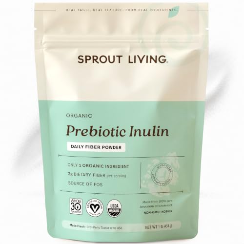 Sprout Living Organic Inulin with FOS Prebiotic Powder, Soluble Fiber for Leaky Gut, Bloating, Digestion, Feed Friendly Bacteria (Probiotics), 1 Scoop Daily, 1 lb (90 Servings)