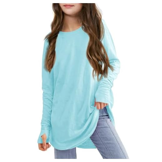 T-Shirt à Manches Longues et col Ras du Cou pour Enfants et Filles, Haut décontracté, Ample, Couleur Unie Chandails Tuniques Surdimensionnés pour Filles Grande Taille (Light Blue, 13-14 Years)