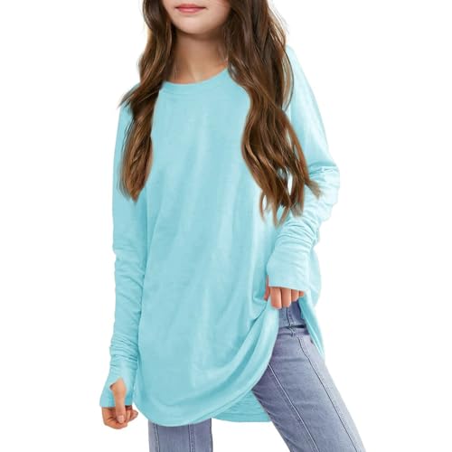 Girls Thumb Holes Long Sleeve Shirts Kids Crewneck Curve Hem Side Slit Soft Tunic Tops Teens Loose Fit Blouse T-Shirts
