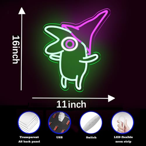 Image of Green Alien Cartoon Neon Sign with Pink Pointy Hat for Wall Decor, Indie Animation Mascot Art Decor, USB Dimmable Neon Light, Gift for Animation Lovers & Teens 16 * 11 IN