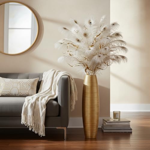 Image of Tall Floor Vase, 27.5 inches (70cm, 2.3FT) Tall Vases Sturdy, Luxury, Textured for Decorative Branches Dried Flowers, Floor Vase for Rustic Living Room, Shelf Decor, Resin Gold