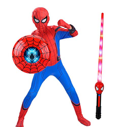 GUOHANG Spiderman-Kostüm Kinderkind-Superheld-Lichtschützer und Schild Spielzeug Anzug, Spinne Mann Halloween Cosplay Kostüme Zubehör,H,140CM~150CM Cover