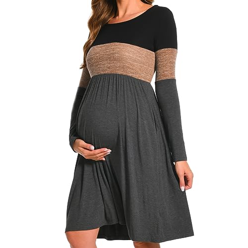 Bearsland Women’S Long Sleeve Maternity Dresses Patchwork Pregnancy Dress With Pocket thumb #2