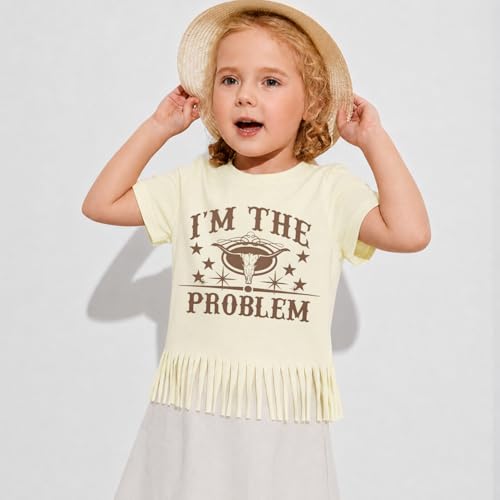 Image of Girls Western Shirt Toddler Tassels Cowgirl T-Shirt Im The Problem Country Concert Shirts Summer Short Sleeve Top