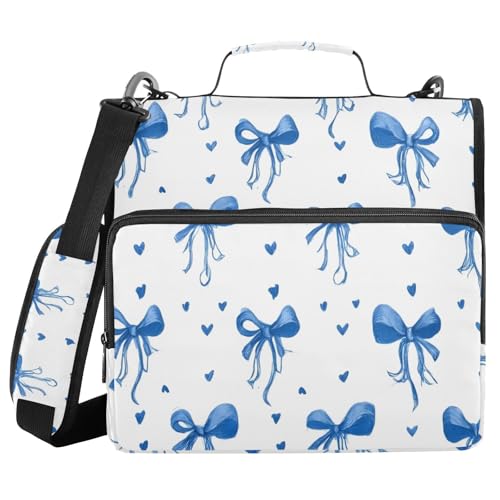 Image of 3 Ring Zipper Binder with Shoulder Strap Blue Bows Ribbons Polka Dots 1.5 inch Binders Keeper Large Capacity Multi Pockets for School Office Supplies