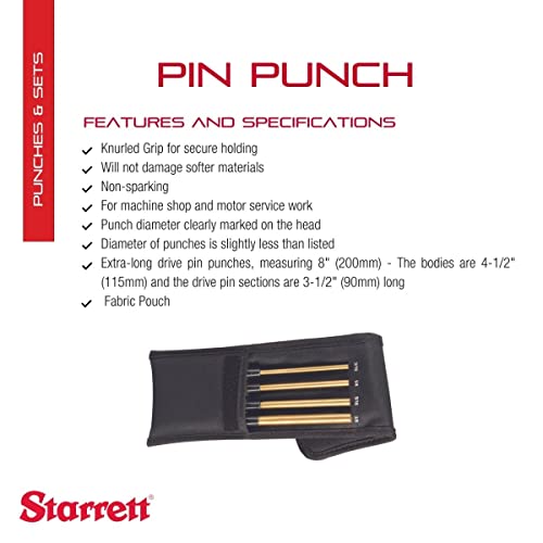 Starrett Extra-Long Brass Drive Pin Punch Set with Knurled Grip and Fabric Pouch - 8\" Length, 1/8\", 3/16\",1/4\", 5/16\", 3/8\" Punch Diameter, Set of 4 - SB248Z - Thumbnail 2