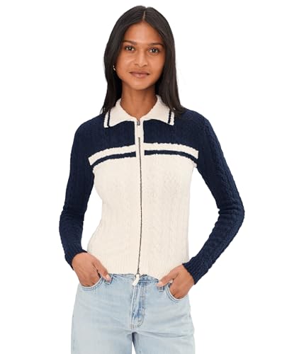 Madewell Womens Colorblock Kerry Zip Cotton Boucle Cardigan Navy