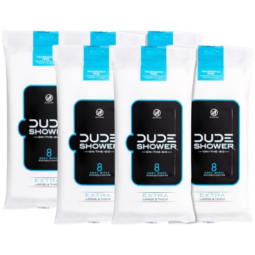 DUDE Wipes Fragrance Free On-The-Go Shower Wipes - Extra-Large and Thick Cleansing Body-Wipes for Travel - Infused with Vitamin E and Aloe, 8 Count (Pack of 6)