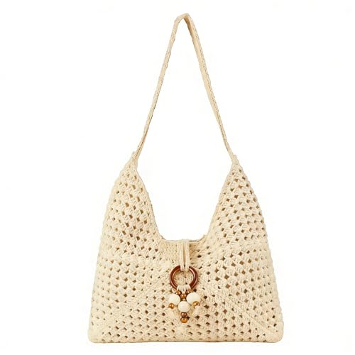 Peicees Crochet Summer Purse Boho Woven Purse for Travel Beach Vacation Cruise Knit Shoulder Bag for for Women Ladies Beige
