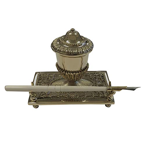 Schooner Bay Co. - 5" Brass Inkwell Pen Holder with Bone Nib Pen and Ink Powder- Antique Vintage Style