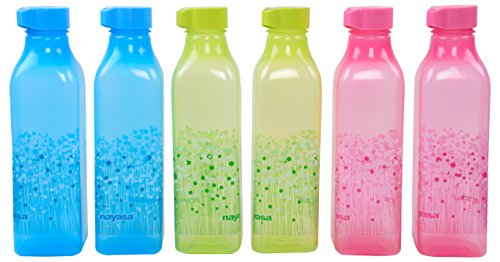 Image of Nayasa Superplast Plastic Square Deluxe PP Fridge Bottles 1 Litre, Set of 6, Blue, Yellow, Pink